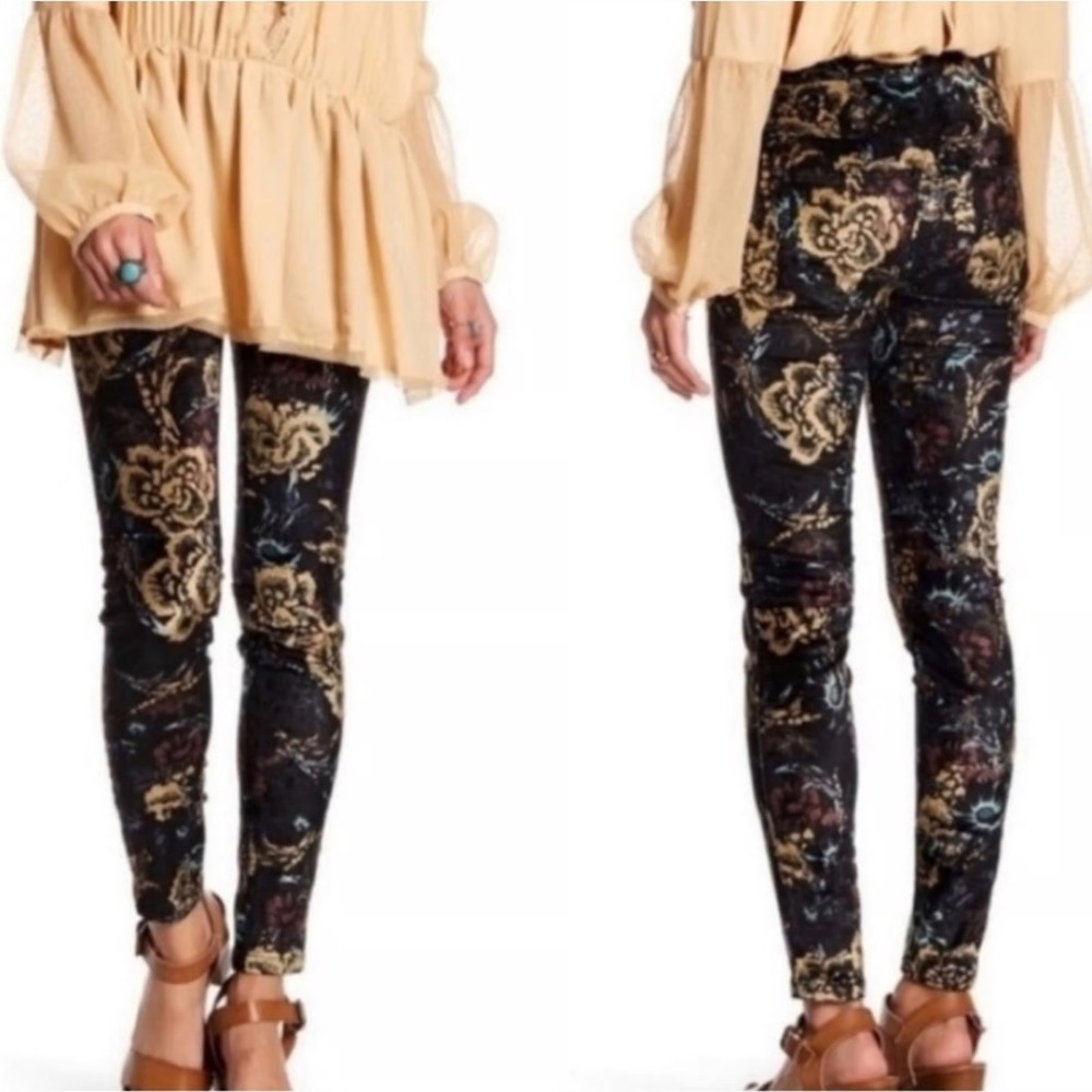 Free People Lennon Retro‎ Velvet Skinny Pants Floral Embroidered Boho Size 8 - Picture 2 of 10